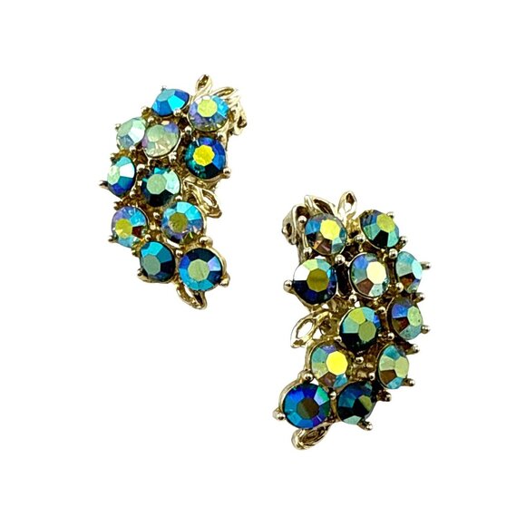 Vintage Aurora Borealis Rhinestone Necklace & Earrings Set Gold Tone Floral Clus - Picture 9 of 14